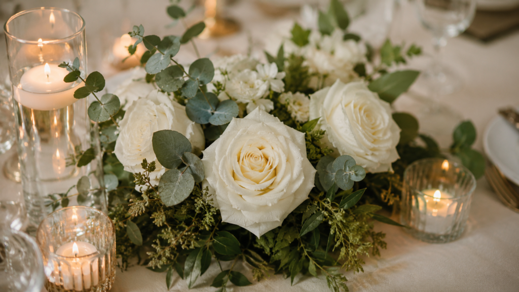 close de arranjo floral baixo para casamento intimista com rosas brancas eucalipto e velas