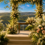 flores para casamento em arco floral com rosas brancas rosé e copo de leite em cerimônia ao ar livre