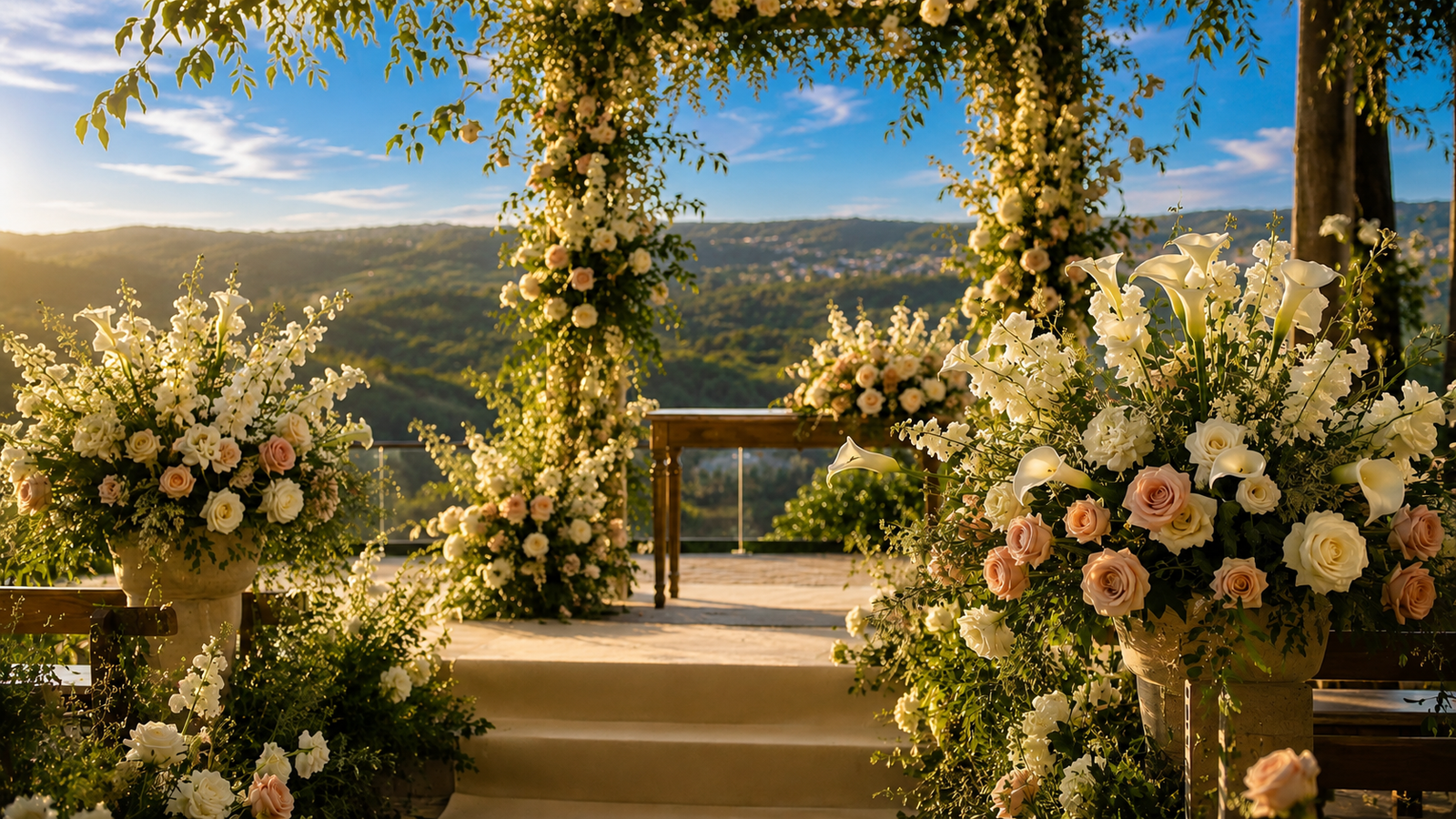 flores para casamento em arco floral com rosas brancas rosé e copo de leite em cerimônia ao ar livre