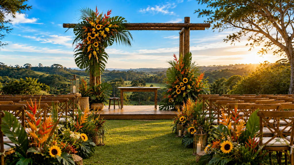 cerimônia de casamento ao ar livre com flores tropicais na decoração e luz natural do dia