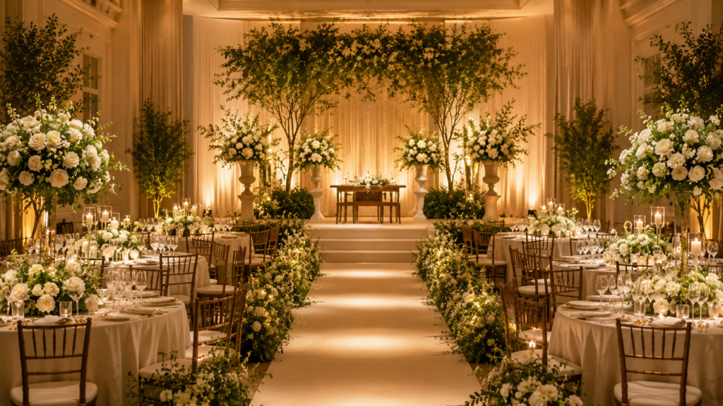 salão de casamento decorado com flores em todas as áreas incluindo altar mesas e caminho