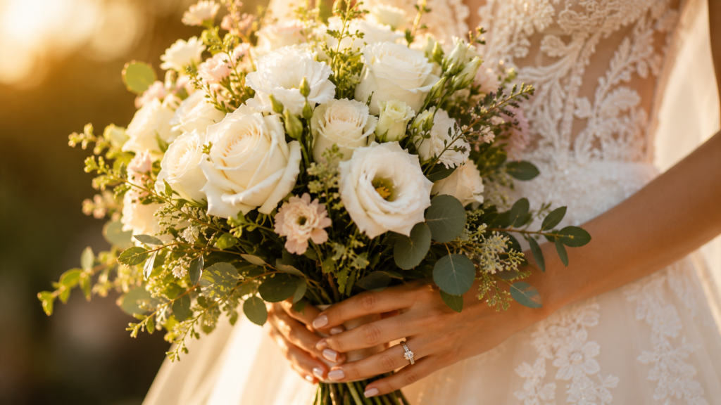 mãos de noiva segurando buquê de flores para casamento com rosas brancas e detalhes dourados