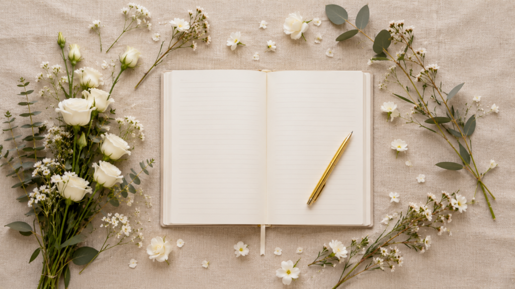 flat lay com flores para casamento caderno aberto e caneta para planejamento da decoracao floral