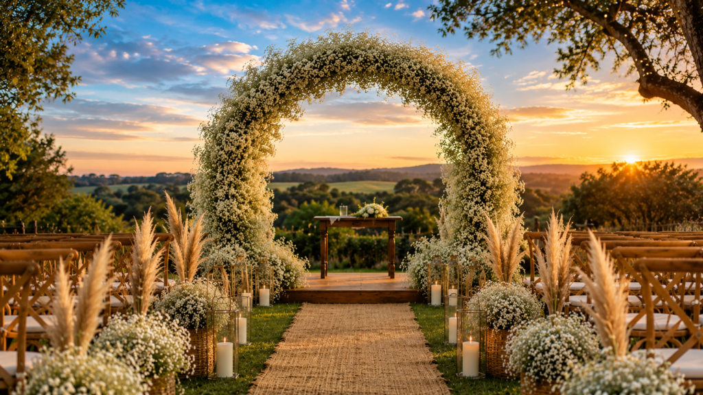 cerimônia ao ar livre decorada com arco de gipsofila branca e capim dos pampas ao pôr do sol
