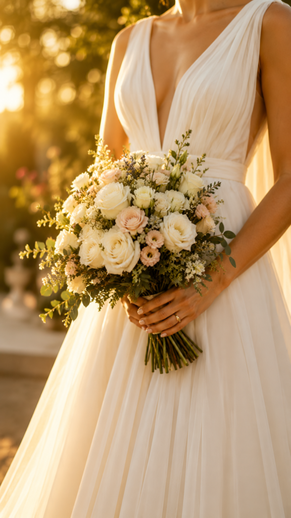 noiva segurando buque de flores para casamento com vestido branco e luz dourada de fim de tarde