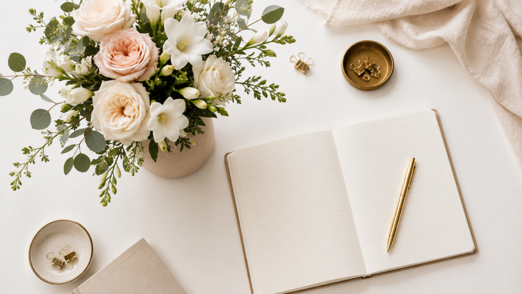planejamento de flores para casamento com caderno e arranjo floral sobre mesa branca