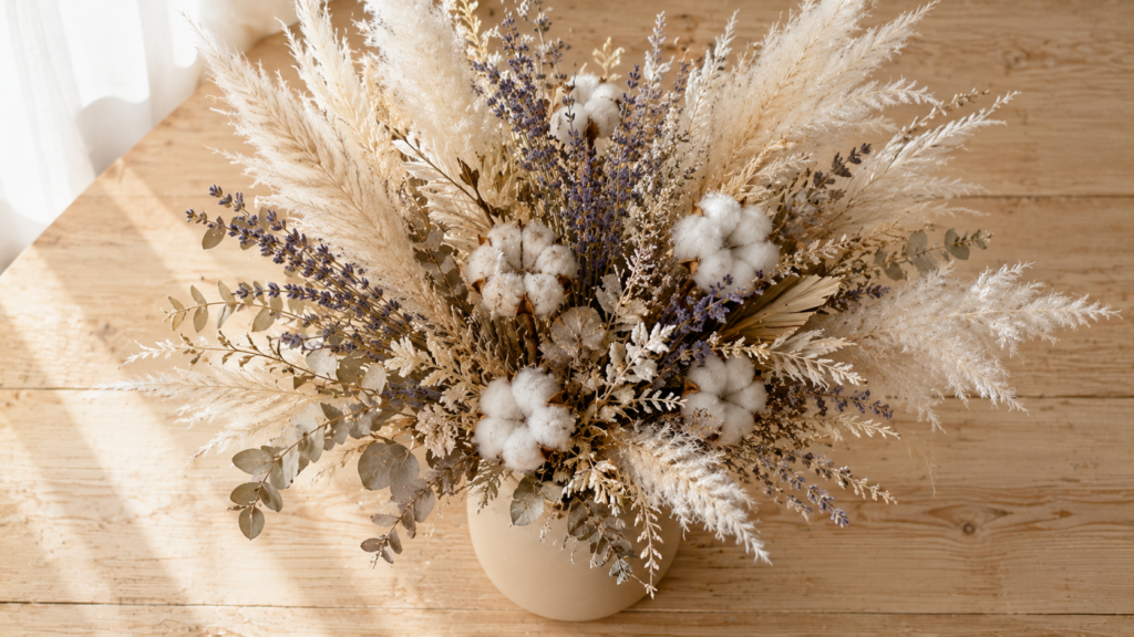 arranjo de flores secas e capim dos pampas para casamento sobre superfície de madeira clara
