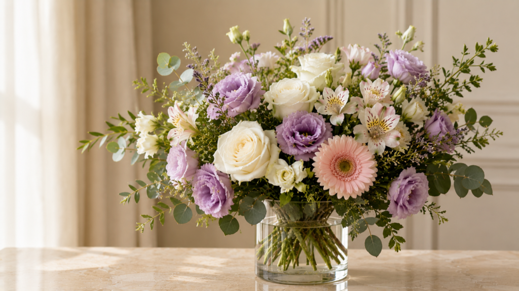 diferentes tipos de flores para casamento reunidas em arranjo com rosas lisianto e astromelia
