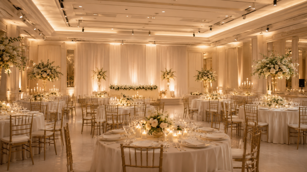 salão de casamento com iluminação cênica profissional em branco quente e mesas decoradas