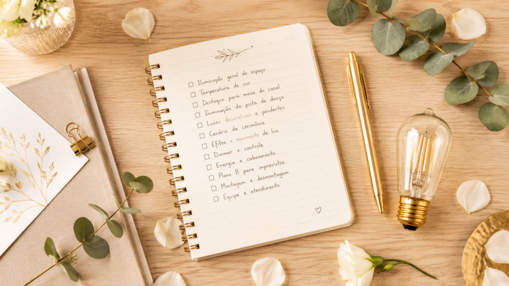flat lay com checklist de iluminação para casamento caderno e lâmpada Edison sobre mesa