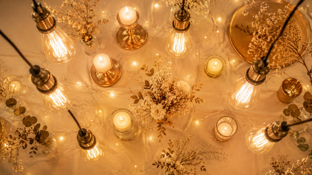 vista de cima com elementos decorativos de iluminação para casamento como Edison e velas