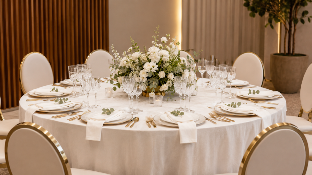 mesa de recepção de casamento com iluminação de casamento em branco quente e arranjo floral