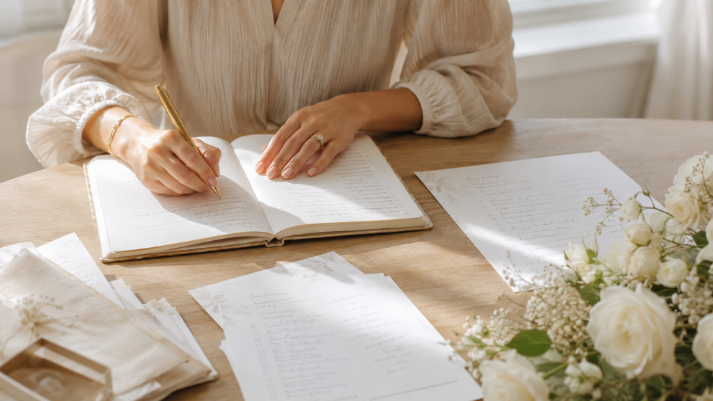 mãos sobre mesa com contrato e caderno de planejamento de iluminação para casamento