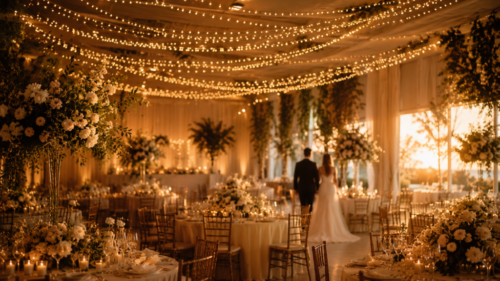 salão de casamento 2026 com iluminação warm ambient e instalação aérea de luzes douradas