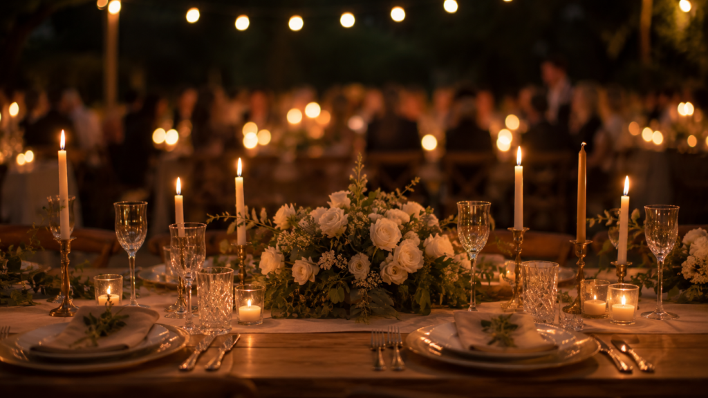 mesa de jantar de casamento intimista com iluminação de velas e luz ambiente quente ao anoitecer