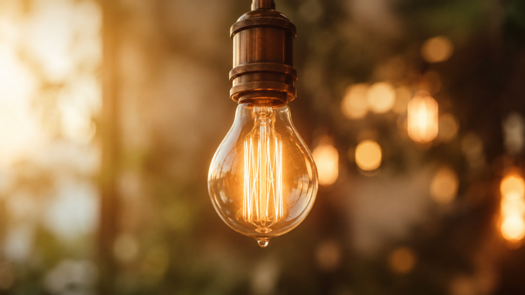 close de lâmpada Edison acesa com reflexo dourado em iluminação para casamento