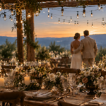 iluminação para casamento com varal de Edison e casal ao fundo em recepção ao ar livre