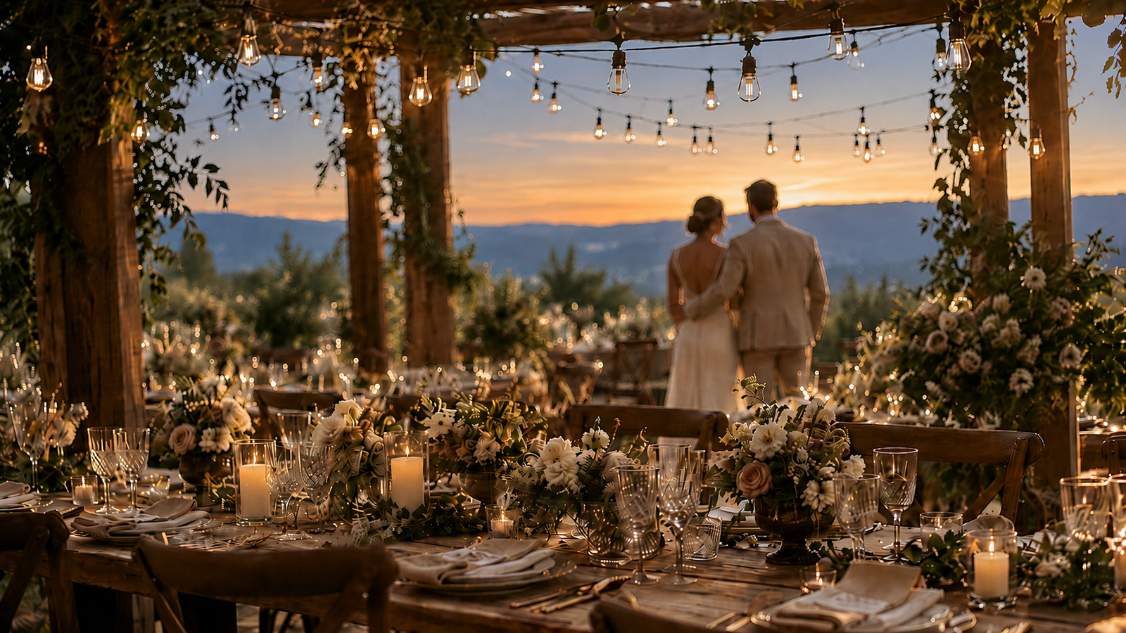 iluminação para casamento com varal de Edison e casal ao fundo em recepção ao ar livre