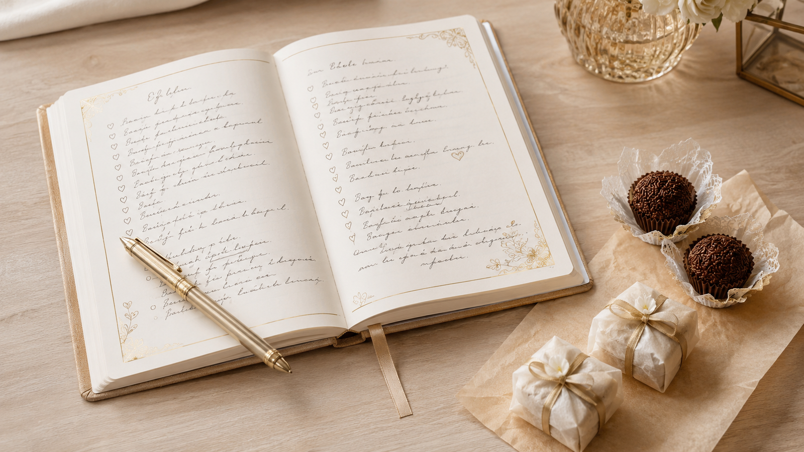 caderno com checklist de mesa de doces para casamento aberto sobre mesa com caneta e amostras decorativas