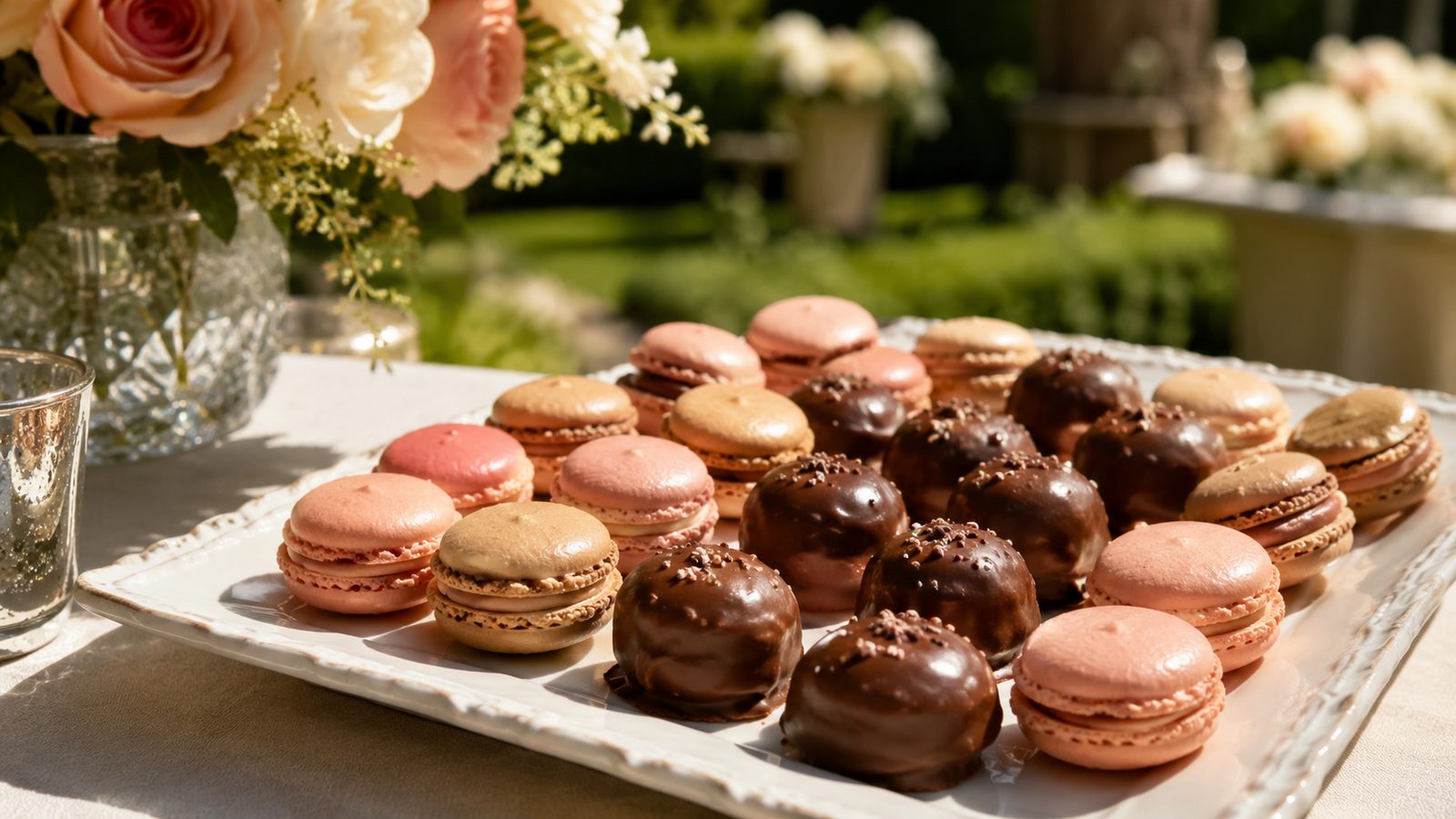 detalhe de macarons e doces frageis em mesa de casamento ao ar livre com alerta de sensibilidade ao calor