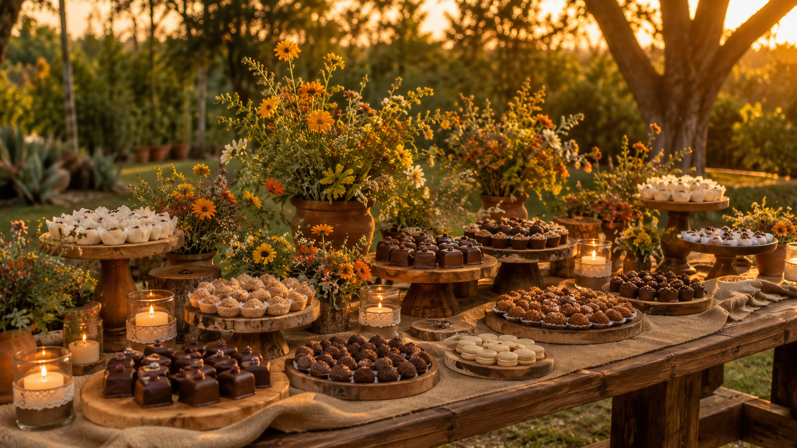 mesa de doces para casamento estilo rustico com madeira juta flores silvestres e brigadeiros artesanais