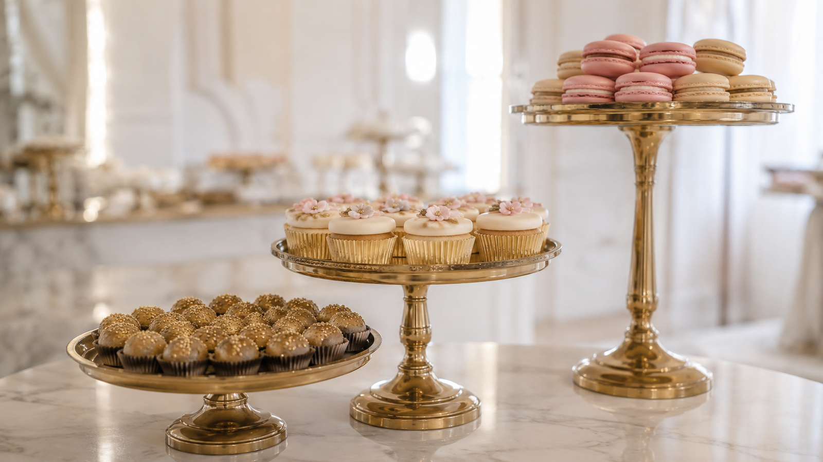mesa de doces para casamento com expositores em diferentes alturas criando profundidade visual elegante
