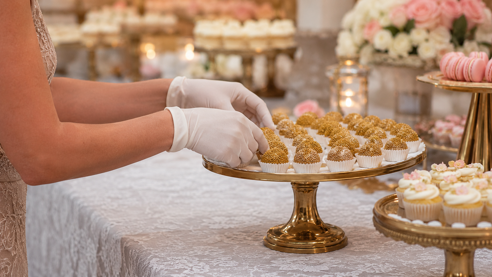 confeiteira montando mesa de doces para casamento organizando brigadeiros e cupcakes em expositores
