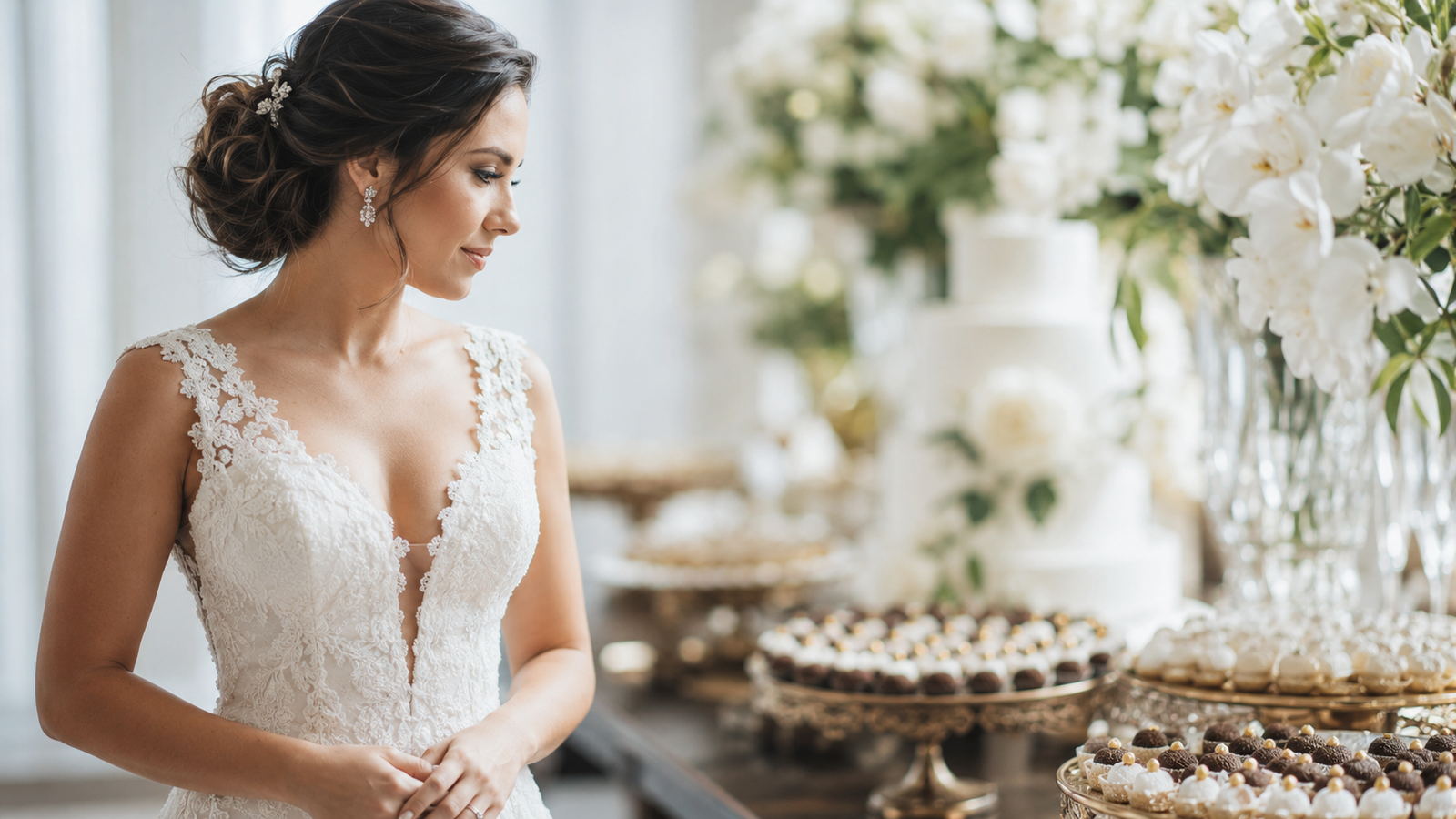 noiva em angulo de 3/4 contemplando mesa de doces para casamento com expressao serena e elegante