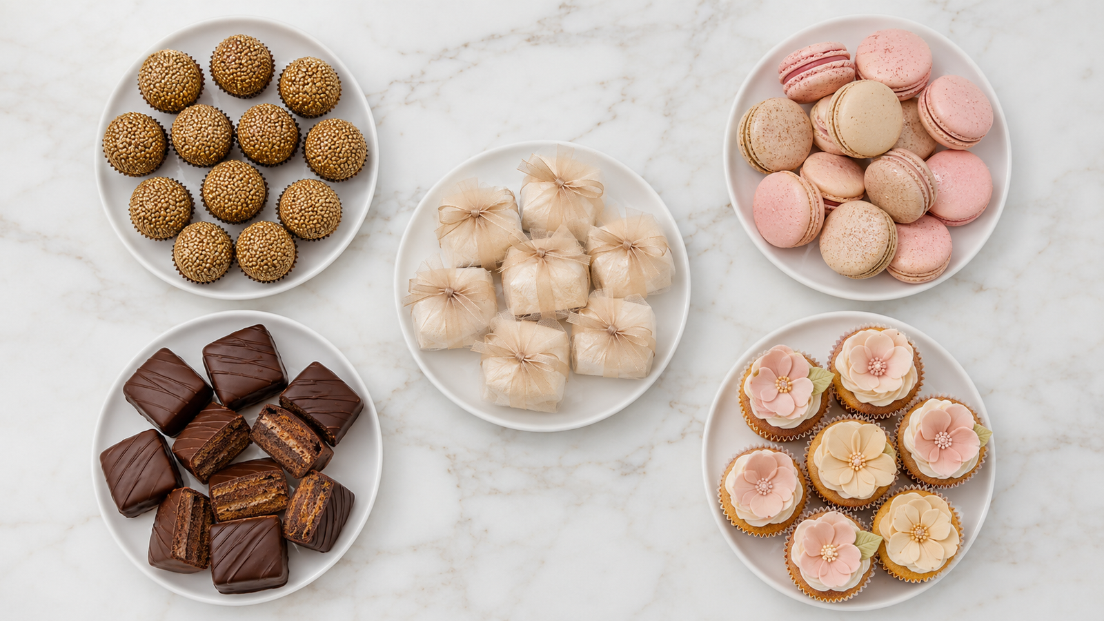 flat lay de tipos de doces para casamento brigadeiros bem-casados macarons e cupcakes em bandeja