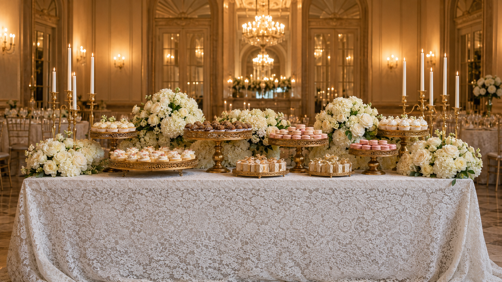 vista completa de mesa de doces para casamento com expositores em alturas diferentes e flores decorativas