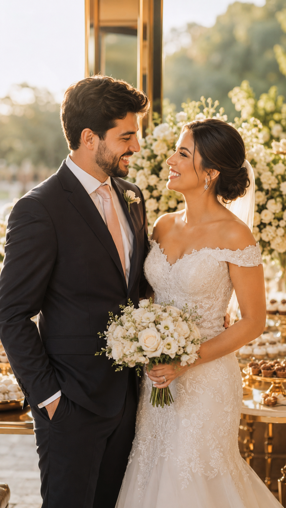 casal em angulo de 3/4 sorrindo ao lado da mesa de doces para casamento no fim da recepcao