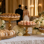 mesa de doces para casamento com brigadeiros macarons e cupcakes decorados em expositores elegantes