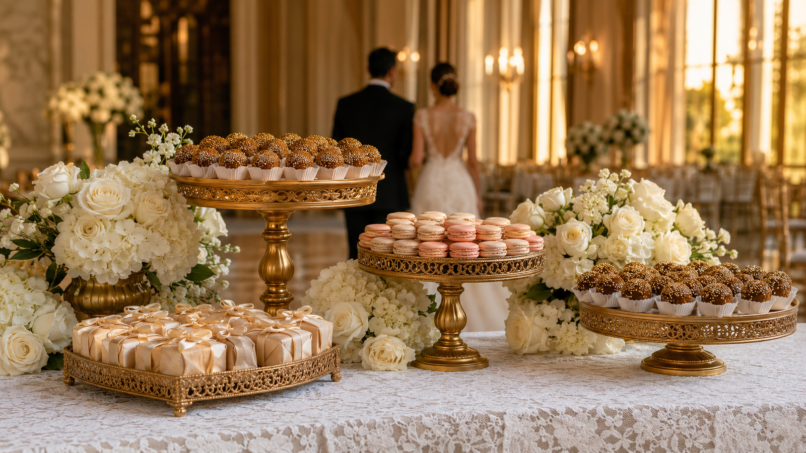 mesa de doces para casamento com brigadeiros macarons e cupcakes decorados em expositores elegantes