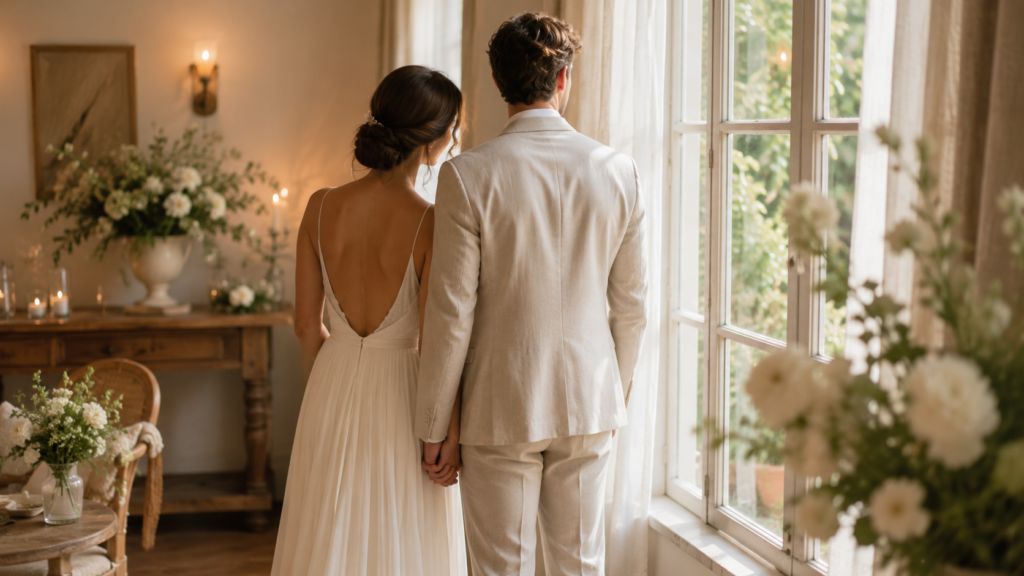 noiva e noivo de costas próximos a janela com luz natural suave em mini wedding intimista