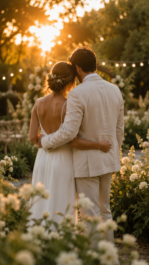 casal de costas em mini wedding barato em jardim com luz dourada do entardecer e flores ao redor