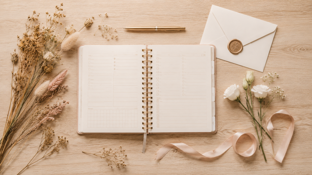 flat lay de planejamento de mini wedding barato com caderno flores secas e caneta sobre mesa clara