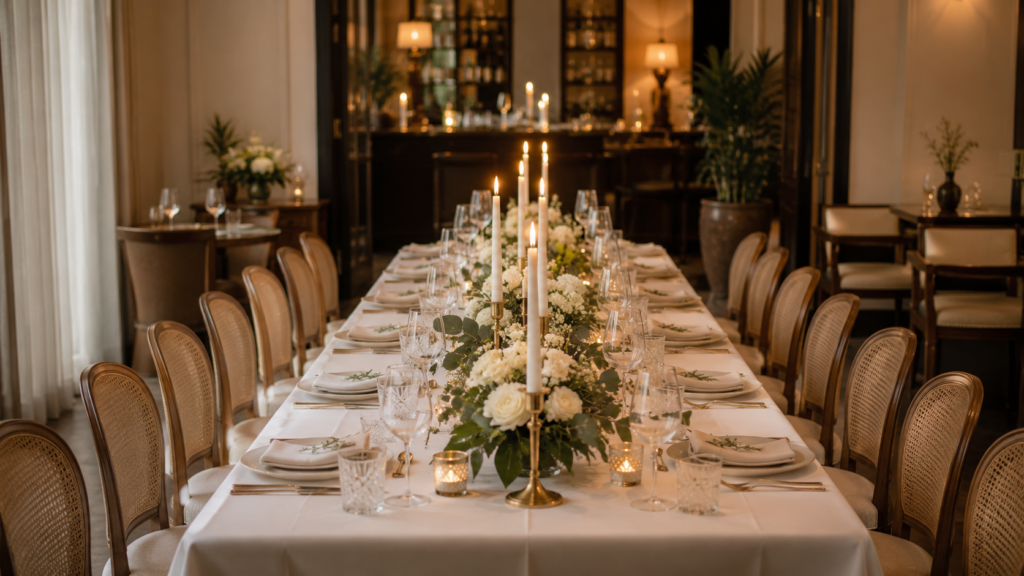 mesa de jantar de mini wedding barato com decoração minimalista em restaurante elegante para poucos convidados