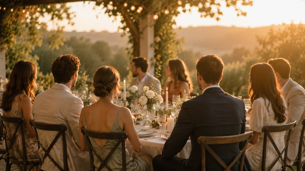 convidados reunidos em mesa de mini wedding barato ao entardecer com luz dourada e decoração simples