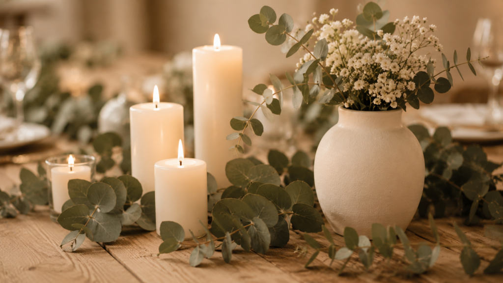 close de decoracao minimalista de mini wedding barato com velas ramos de eucalipto e ceramica branca
