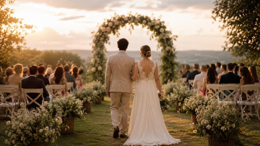 mini wedding barato em jardim com casal de costas durante cerimônia ao ar livre ao entardecer