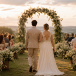 mini wedding barato em jardim com casal de costas durante cerimônia ao ar livre ao entardecer