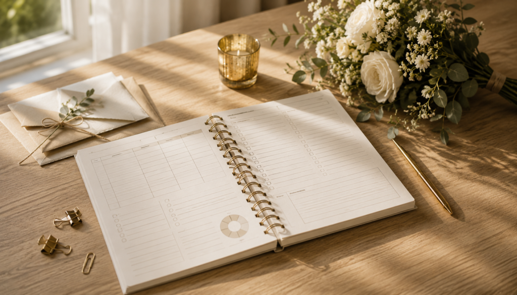 itens de planejamento de casamento sobre mesa de madeira com caderno aberto flores e caneta