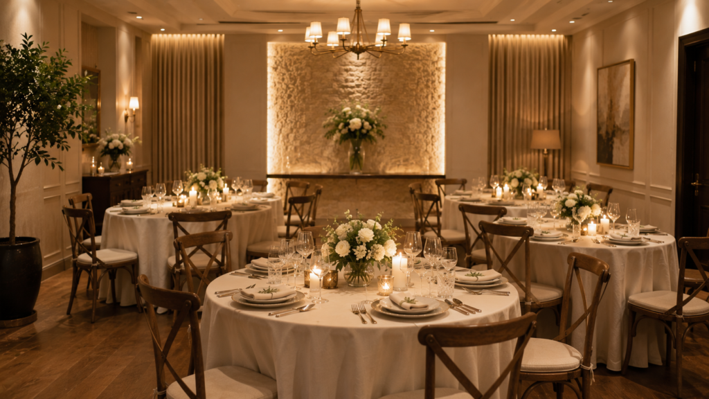 sala privativa de restaurante decorada para mini wedding barato com mesas postas e ambiente elegante