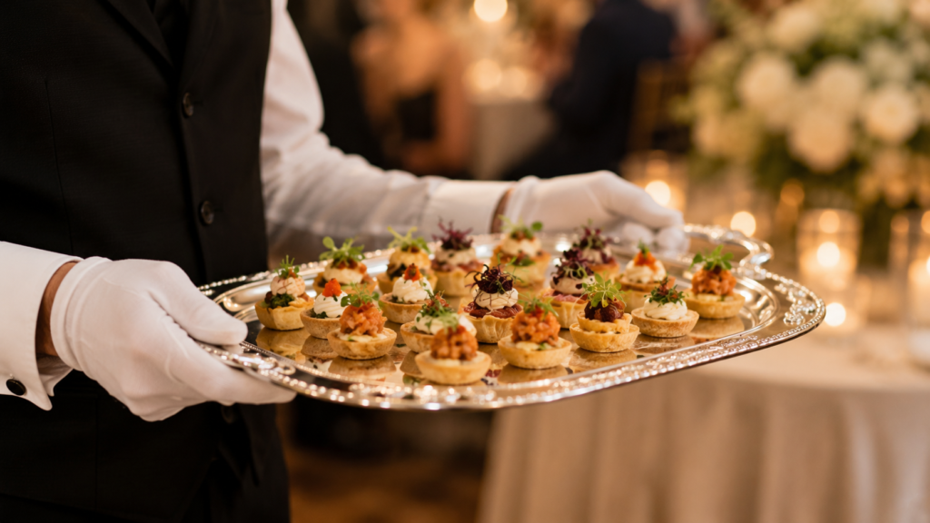 garcom servindo finger food elegante em bandeja prateada em recepcao de casamento
