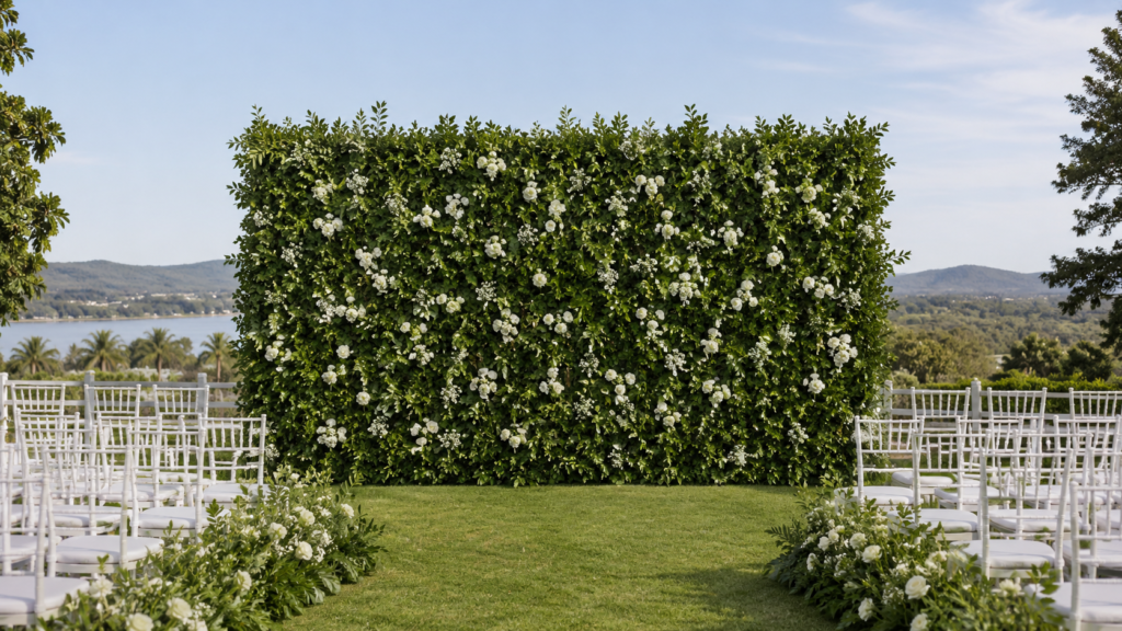 backdrop greenwall de folhagens verdes decorando cerimônia de casamento ao ar livre