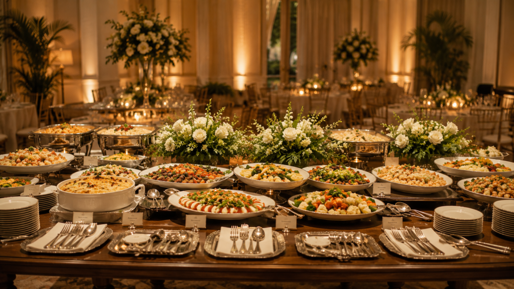 mesa de buffet de casamento completa com pratos quentes e frios em salao elegante