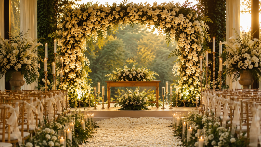 altar de cerimônia de casamento com paleta coordenada entre flores brancas e verde em luz dourada 