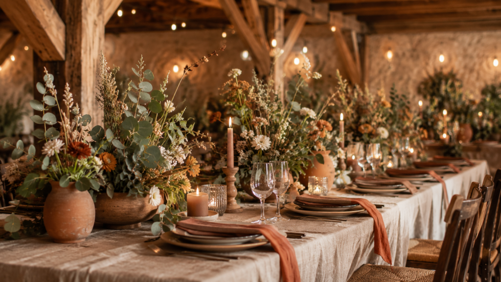 mesa de casamento rústico com paleta em terracota eucalipto e bege em ambiente com madeira 