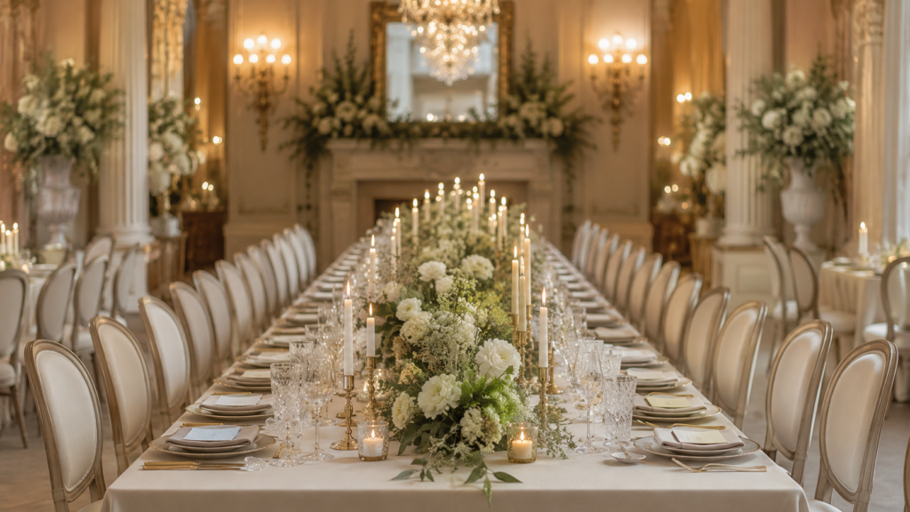 mesa de casamento decorada com flores e velas em paleta de cores coesa em salão elegante