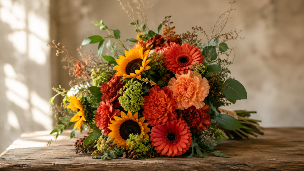 buque com flores brasileiras de estação em cores de outono para casamento em tons terrosos